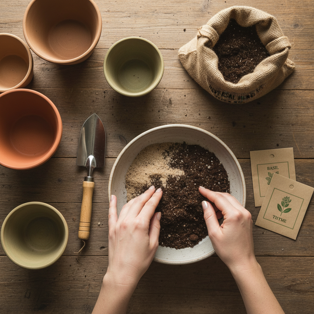 Estetyczne ujęcie z góry na drewnianym stole. Widać na nim kilka pustych, ceramicznych doniczek, worek z ziemią uniwersalną do ziół, małą ogrodniczą łopatkę, paczuszki z nasionami bazylii i tymianku oraz parę rąk delikatnie mieszających ziemię z piaskiem w misce. Całość utrzymana w naturalnej, ciepłej kolorystyce.