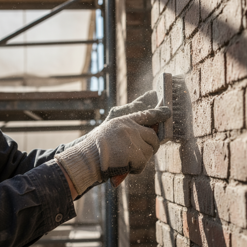 Zbliżenie na dłonie pracownika budowlanego w rękawicach roboczych, który za pomocą metalowej szczotki energicznie czyści surową, ceglaną ścianę z kurzu i luźnych fragmentów zaprawy. W tle widać fragmenty rusztowania, a padające z boku światło podkreśla fakturę muru i unoszący się pył.