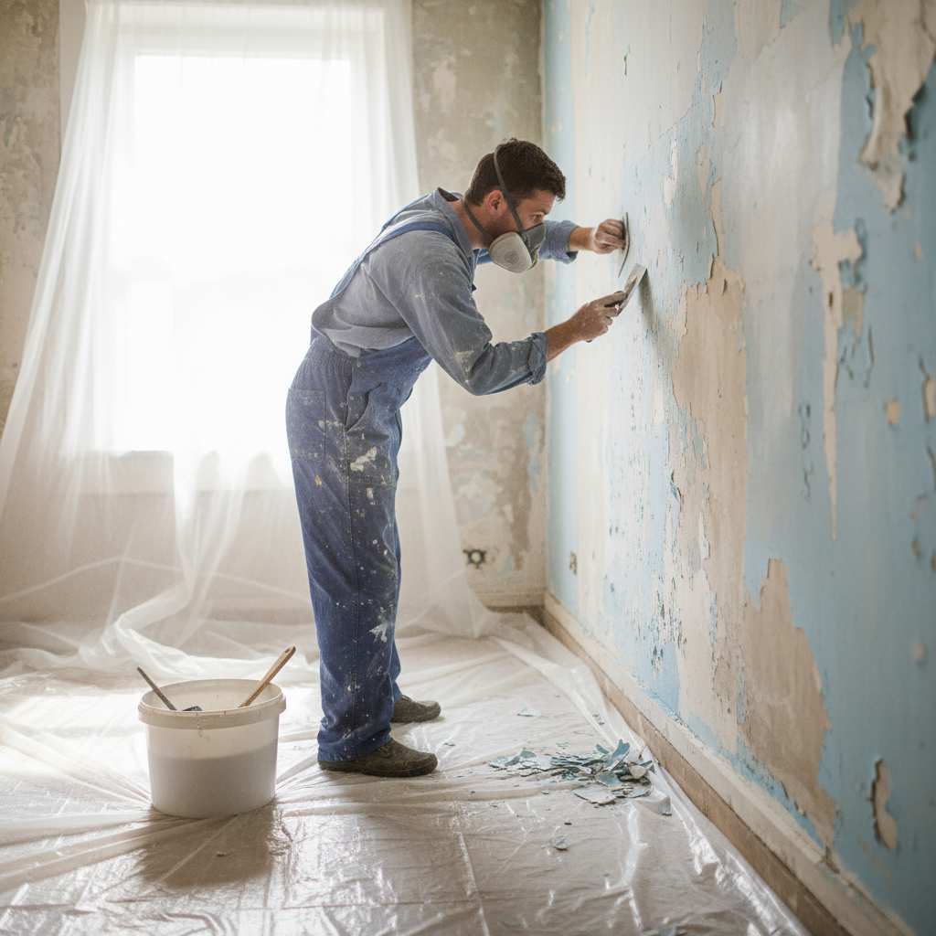 Ujęcie pokazujące osobę w roboczych ubraniach, która za pomocą szpachelki starannie usuwa starą, łuszczącą się farbę ze ściany. W tle widać folię malarską zabezpieczającą podłogę oraz wiadro z wodą. Światło dzienne wpadające przez okno oświetla zapyloną, ale przygotowywaną do renowacji powierzchnię.