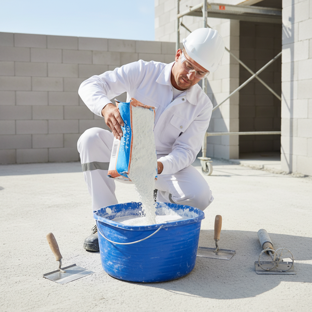 Szerokie ujęcie stanowiska pracy na budowie. W centrum znajduje się budowlaniec w czystym stroju roboczym, klęczący przy dużym, elastycznym wiadrze. Mężczyzna jest w trakcie wsypywania białego spoiwa gipsowego do wody. Wokół niego panuje porządek, leżą czyste narzędzia: paca, mieszadło. Scena jest dobrze oświetlona, co podkreśla profesjonalizm i dbałość o szczegóły.