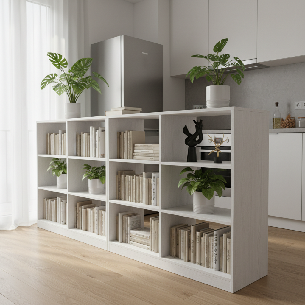 Nowoczesny, niski regał z białego drewna, bez tylnej ścianki, ustawiony prostopadle do ściany, oddziela aneks kuchenny od części dziennej w kawalerce. Na półkach regału stoją książki, zielone rośliny doniczkowe i kilka minimalistycznych dekoracji. Przez otwarte półki widać fragment kuchni. Aranżacja jest jasna i funkcjonalna, pokazując sprytne wykorzystanie mebla do podziału stref i maskowania boku lodówki.