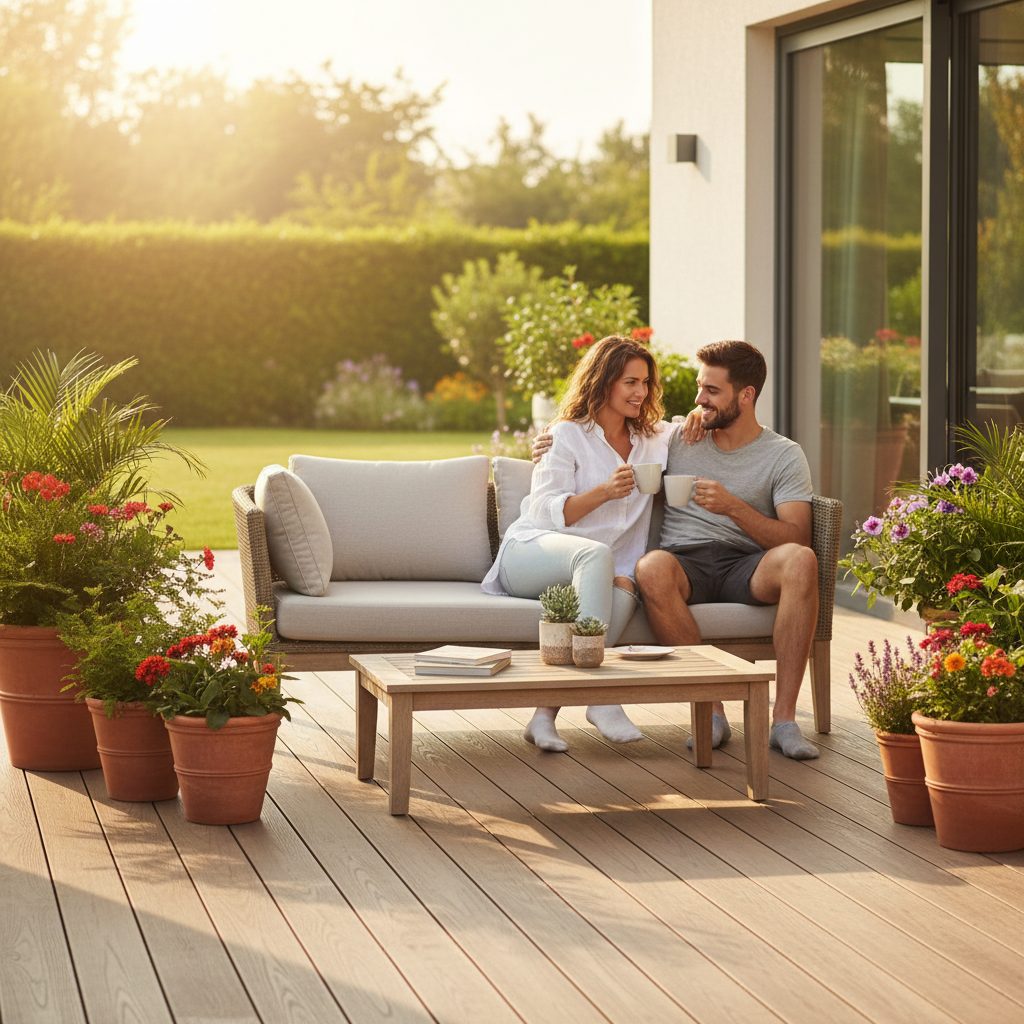 Młoda para relaksuje się na przestronnym, zadbanym tarasie wykonanym z desek kompozytowych EcoTeak. Siedzą na wygodnej sofie ogrodowej, pijąc poranną kawę. Taras jest czysty, otoczony donicami z bujnymi, zielonymi roślinami i kolorowymi kwiatami. Scena emanuje spokojem, komfortem i beztroską, podkreślając bezproblemowe i przyjemne użytkowanie tarasu. Ciepłe, poranne światło tworzy przytulną atmosferę.