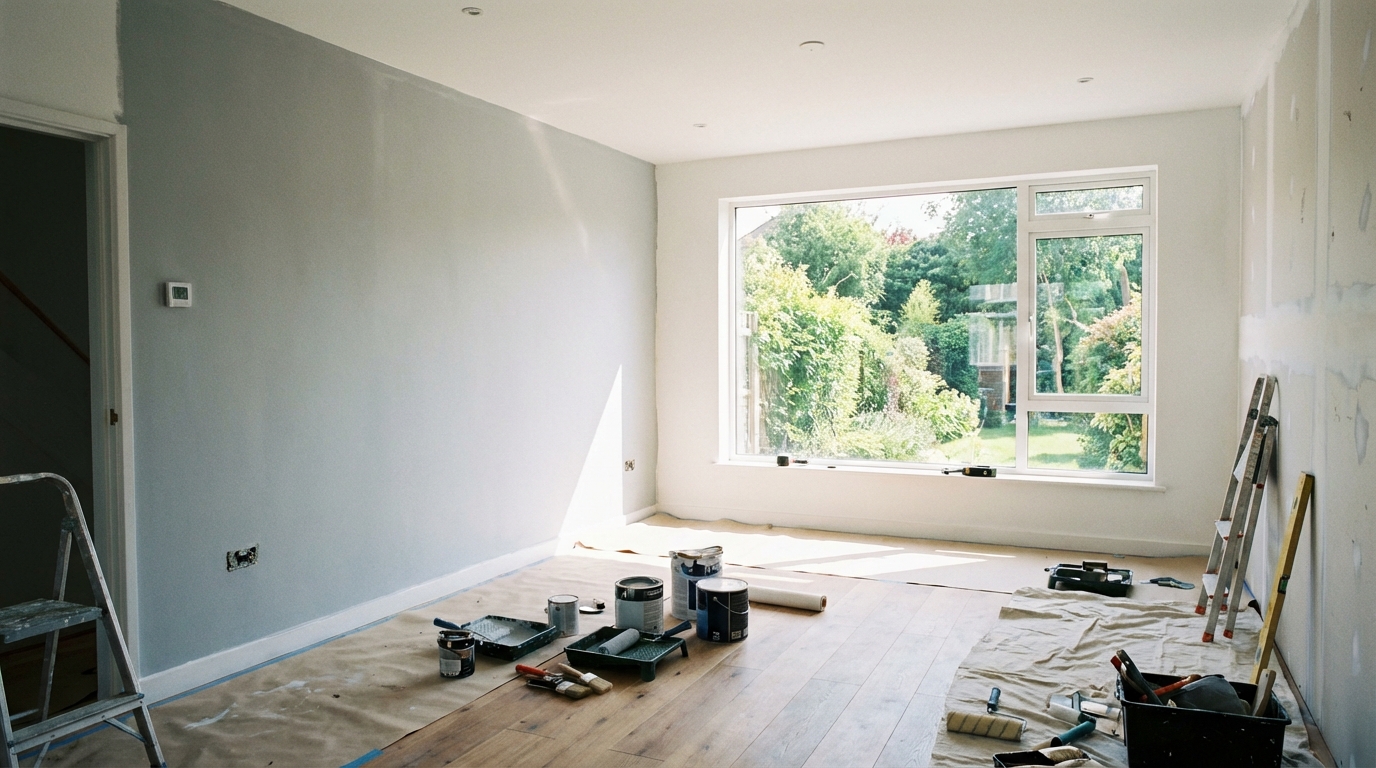 Jasne, nowoczesne wnętrze salonu w trakcie remontu. Jedna ze ścian jest już zagruntowana i ma jednolity, matowy wygląd. Na podłodze leżą narzędzia malarskie, a przez okno widać zieleń. Panuje atmosfera profesjonalnej pracy i oczekiwania na finalny efekt.