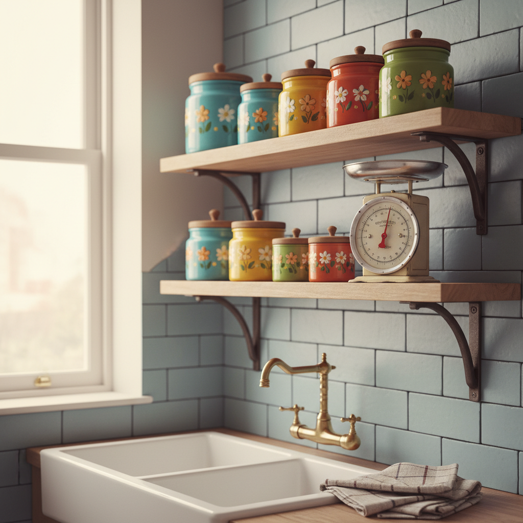 Stylowa półka w kuchni retro z kolorowymi pojemnikami ceramicznymi i wagą kuchenną w stylu vintage.