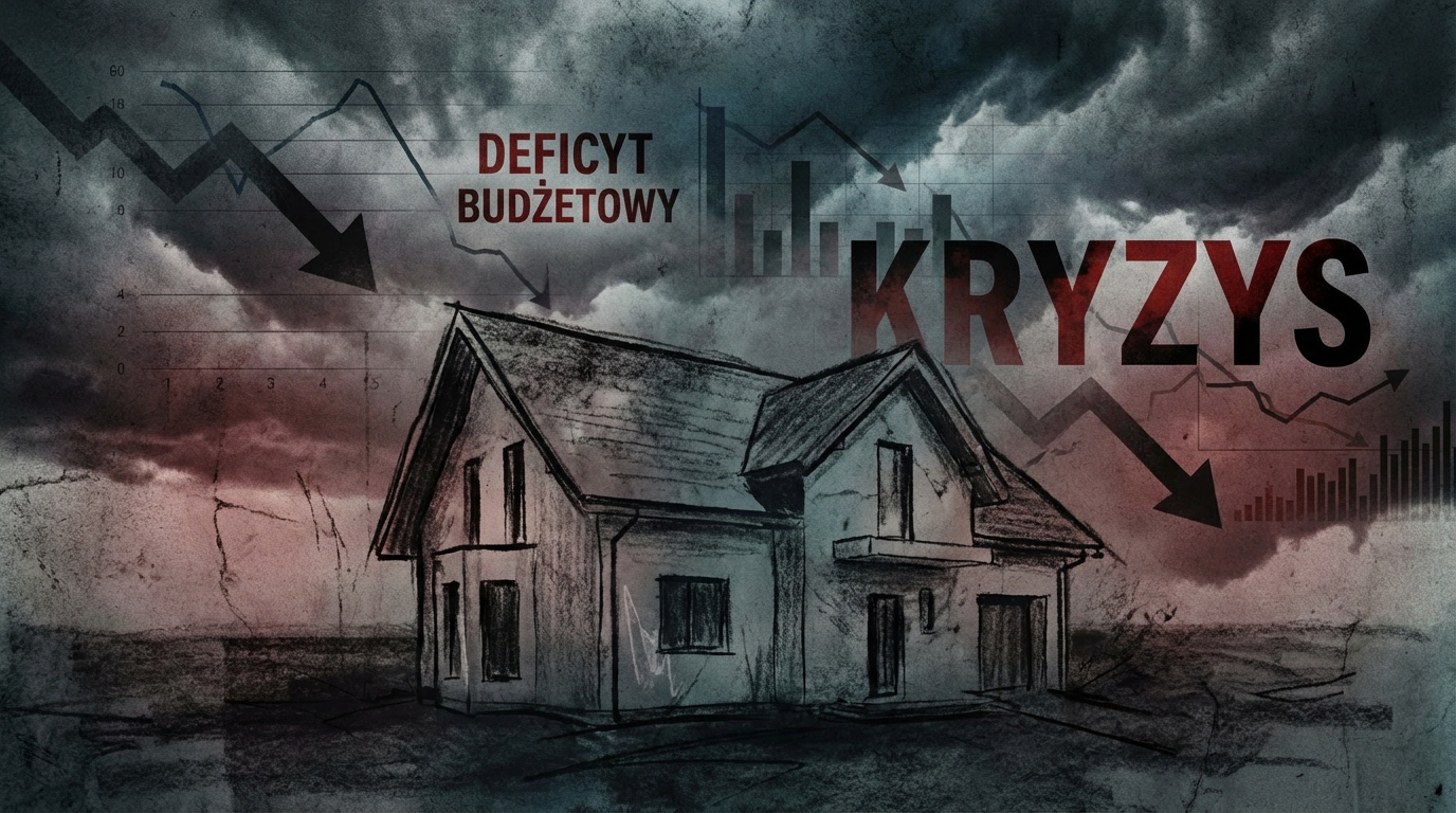 Abstrakcyjna grafika przedstawiająca zarys domu jednorodzinnego, nad którym unoszą się ciemne chmury burzowe. W tle widać wykresy finansowe symbolizujące deficyt budżetowy. Kompozycja ma budzić poczucie niepewności i zagrożenia dla stabilności domowego ogniska.