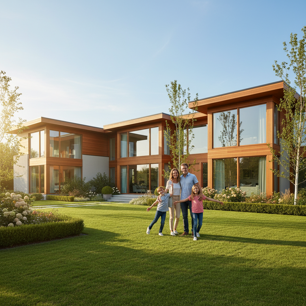Szczęśliwa, czteroosobowa rodzina stojąca przed nowoczesnym, dużym domem jednorodzinnym z dużymi oknami i drewnianymi elementami elewacji. Słoneczny dzień, zadbany ogród. Styl fotorealistyczny, ciepłe, naturalne oświetlenie.