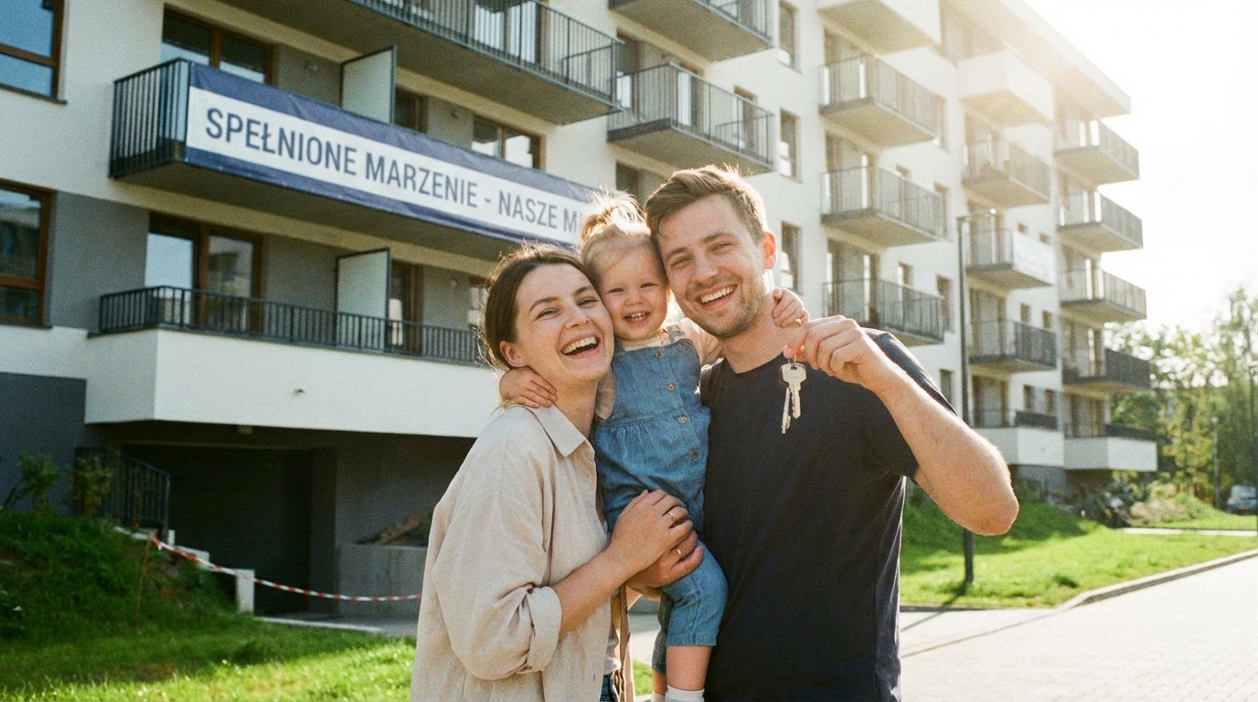 szczęśliwa młoda para z dzieckiem stojąca przed nowym blokiem mieszkalnym, symbolizująca spełnienie marzeń o własnym M
