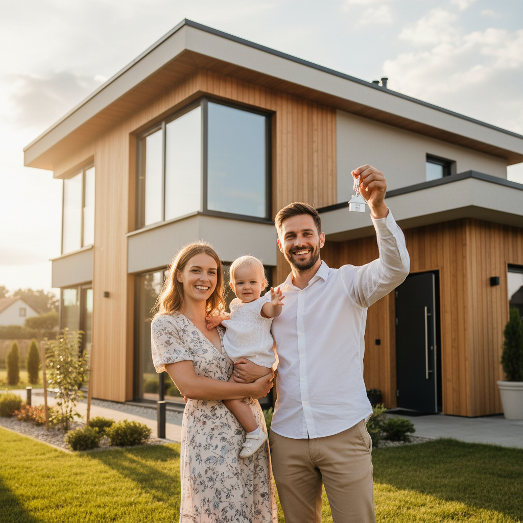 Zdjęcie przedstawiające szczęśliwą, młodą rodzinę z małym dzieckiem, stojącą przed nowoczesnym domem jednorodzinnym. Słońce świeci, tworząc ciepłą, przyjazną atmosferę. Klucze do domu są w rękach jednego z rodziców.