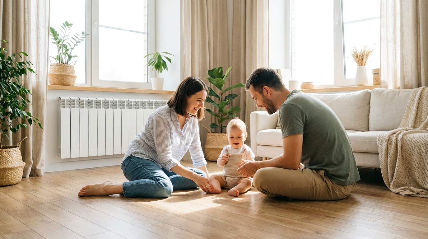 Szczęśliwa rodzina z małym dzieckiem bawi się na podłodze w jasnym, czystym salonie. W tle, pod oknem, widoczny jest dyskretny, biały grzejnik aluminiowy. Atmosfera zdjęcia jest lekka i zdrowa, podkreślając czystość powietrza i komfort domowego ogniska, idealne dla alergików.