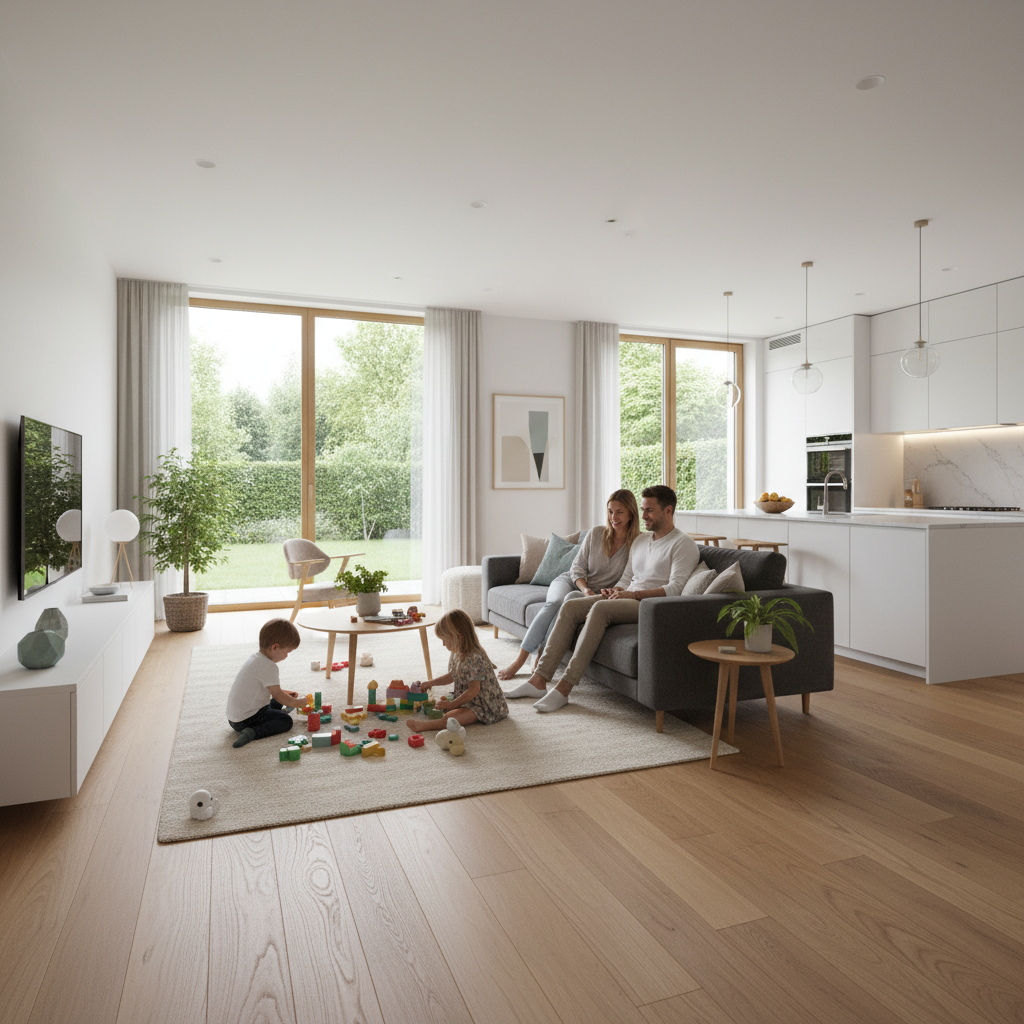 Jasny, przestronny salon z otwartą kuchnią w nowoczesnym domu. Duże okna wychodzą na ogród. Na drewnianej podłodze bawi się dwójka małych dzieci, a rodzice obserwują je z wygodnej sofy. Wnętrze jest minimalistyczne, ale przytulne, pełne naturalnego światła.