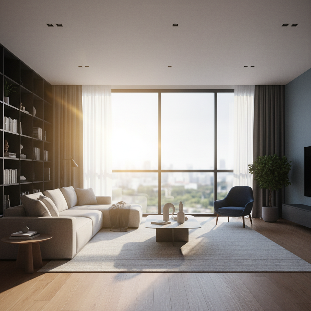 Wnętrze nowoczesnego salonu z jednym dużym oknem, przez które wpadają wyraziste promienie słońca, tworząc na minimalistycznych meblach i drewnianej podłodze malowniczą grę światła i cienia. Jedna część pokoju jest jasno oświetlona, a druga pozostaje w przyjemnym półmroku.