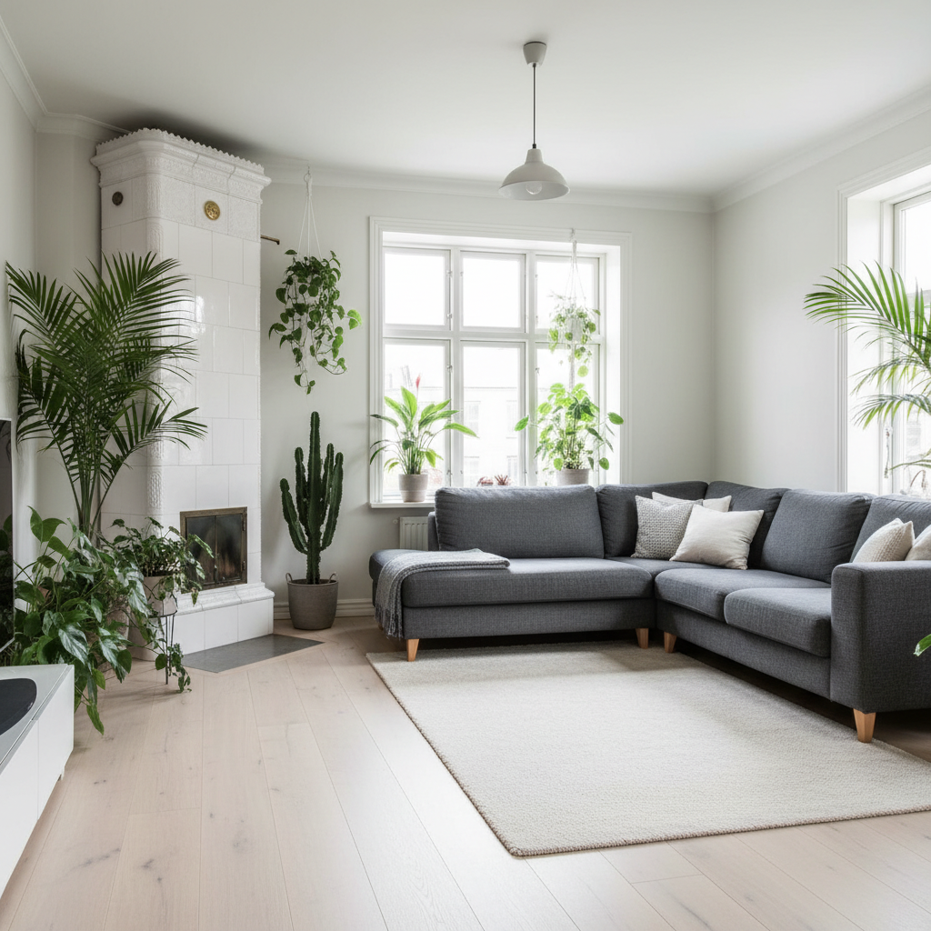 Jasny, przestronny salon w stylu skandynawskim z dużą, szarą modułową sofą, kominkiem obłożonym białymi kaflami i zielonymi roślinami doniczkowymi (palma, kaktus) tworzącymi efekt 