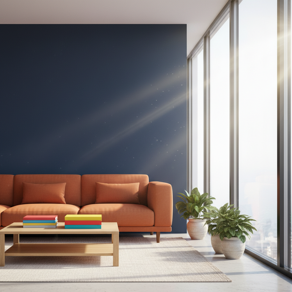 Nowoczesny salon z głęboką, granatową ścianą. Na jej tle stoi minimalistyczna sofa w kolorze terakoty lub intensywnego pomarańczu. Na stoliku kawowym leży kilka książek z kolorowymi grzbietami. Całość jest dobrze oświetlona naturalnym światłem wpadającym przez duże okno, co podkreśla intensywność i odwagę zestawienia kolorów.