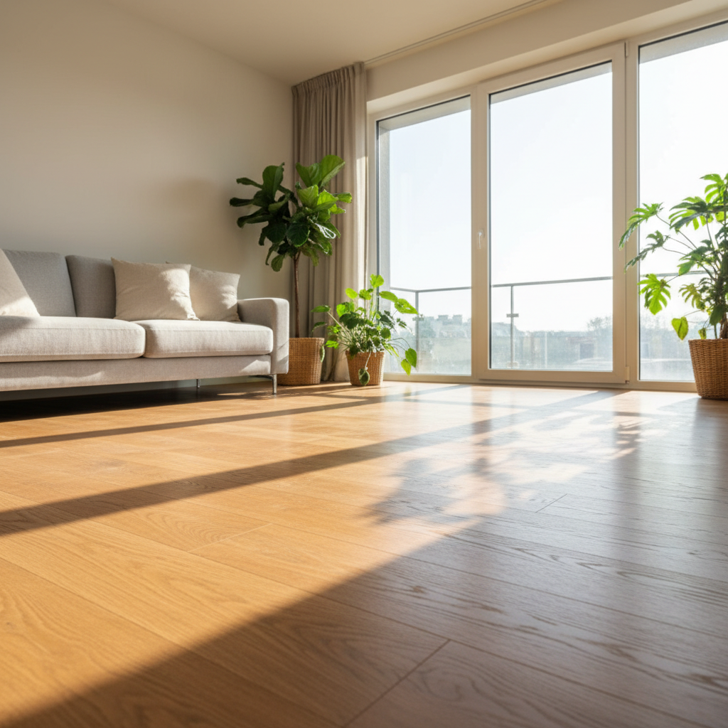 Szerokie ujęcie nowoczesnego, jasnego salonu z pięknymi panelami podłogowymi w kolorze naturalnego dębu. Słońce wpada przez duże okno, tworząc refleksy na idealnie czystej podłodze. W tle widać minimalistyczną kanapę i kilka roślin doniczkowych. Atmosfera jest spokojna i przytulna, co podkreśla piękno i ciepło dobrze utrzymanej podłogi.
