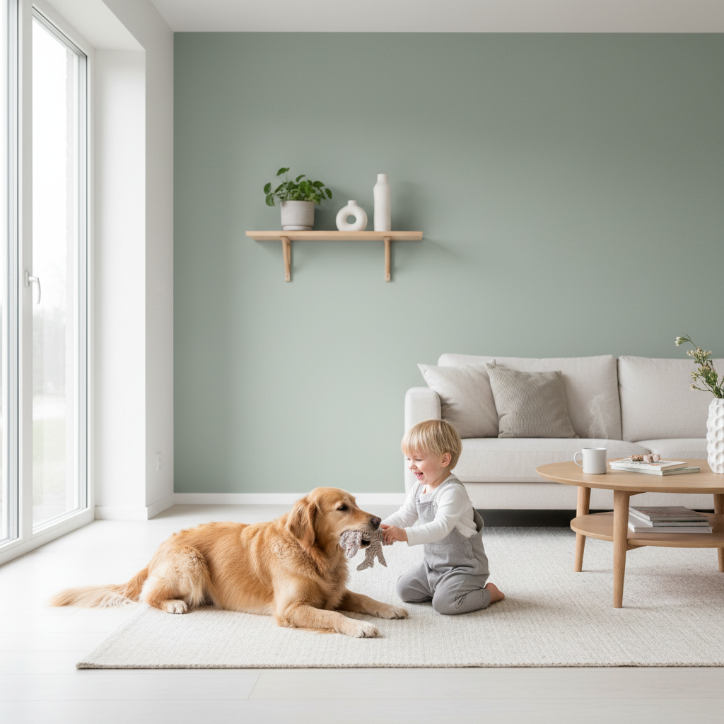 Jasny, przestronny salon urządzony w nowoczesnym, skandynawskim stylu. Na pierwszym planie beztrosko bawiące się małe dziecko z psem rasy golden retriever na podłodze. W tle idealnie czysta, matowa ściana w odcieniu szałwiowej zieleni, na którą pada naturalne światło z dużego okna. Scena emanuje spokojem, czystością i rodzinnym ciepłem, sugerując, że ściany są odporne na codzienne wyzwania.