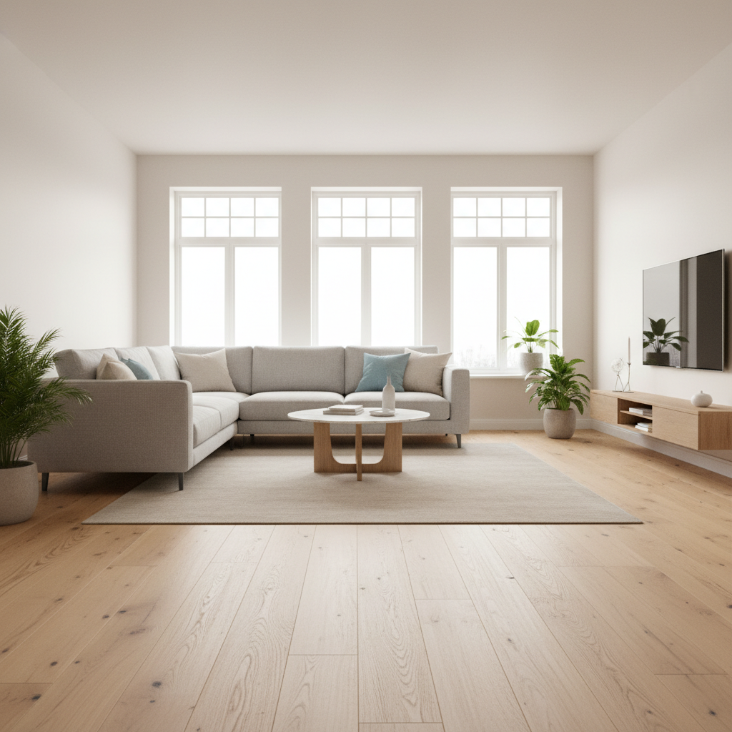 Jasny, przestronny salon w stylu skandynawskim z dużymi oknami wpuszczającymi mnóstwo naturalnego światła. Centralnym punktem jest piękna, szeroka deska podłogowa z jasnego dębu, o widocznym, naturalnym usłojeniu. Na podłodze leży minimalistyczny, jasny dywan, a na nim nowoczesna sofa i stolik kawowy. Wnętrze jest przytulne i pełne światła, co podkreśla naturalne piękno drewnianej podłogi.