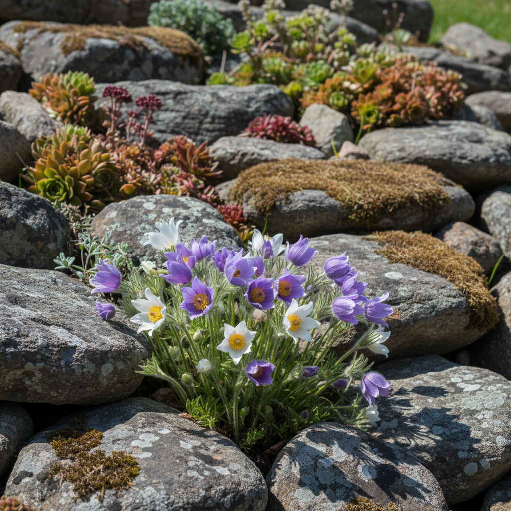Sasanka skalniak - malowniczy ogród skalny w pełnym słońcu. Pomiędzy szarymi, omszałymi kamieniami rosną kępy fioletowych i białych sasanek. W tle widać inne rośliny skalne, takie jak rojniki i rozchodniki. Kompozycja jest harmonijna i naturalistyczna.
