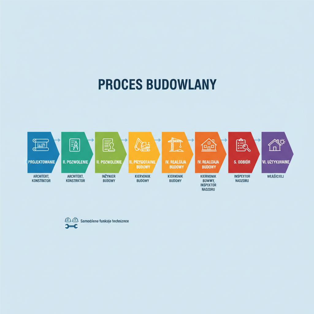 Infografika przedstawiająca uproszczony schemat procesu budowlanego, z wyróżnionymi etapami, na których kluczowe role odgrywają osoby pełniące samodzielne funkcje techniczne (np. etap projektowania, budowy, nadzoru). Każdy etap oznaczony jest ikoną (np. kask, plan, budynek).