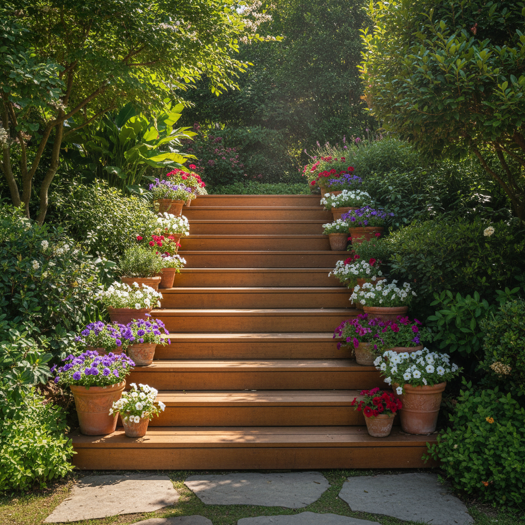 Szerokie, drewniane schody prowadzące z tarasu w głąb bujnego, zielonego ogrodu. Drewno ma ciepły, miodowy odcień, a na stopniach stoją donice z kwiatami. Kompozycja emanuje spokojem i bliskością natury.