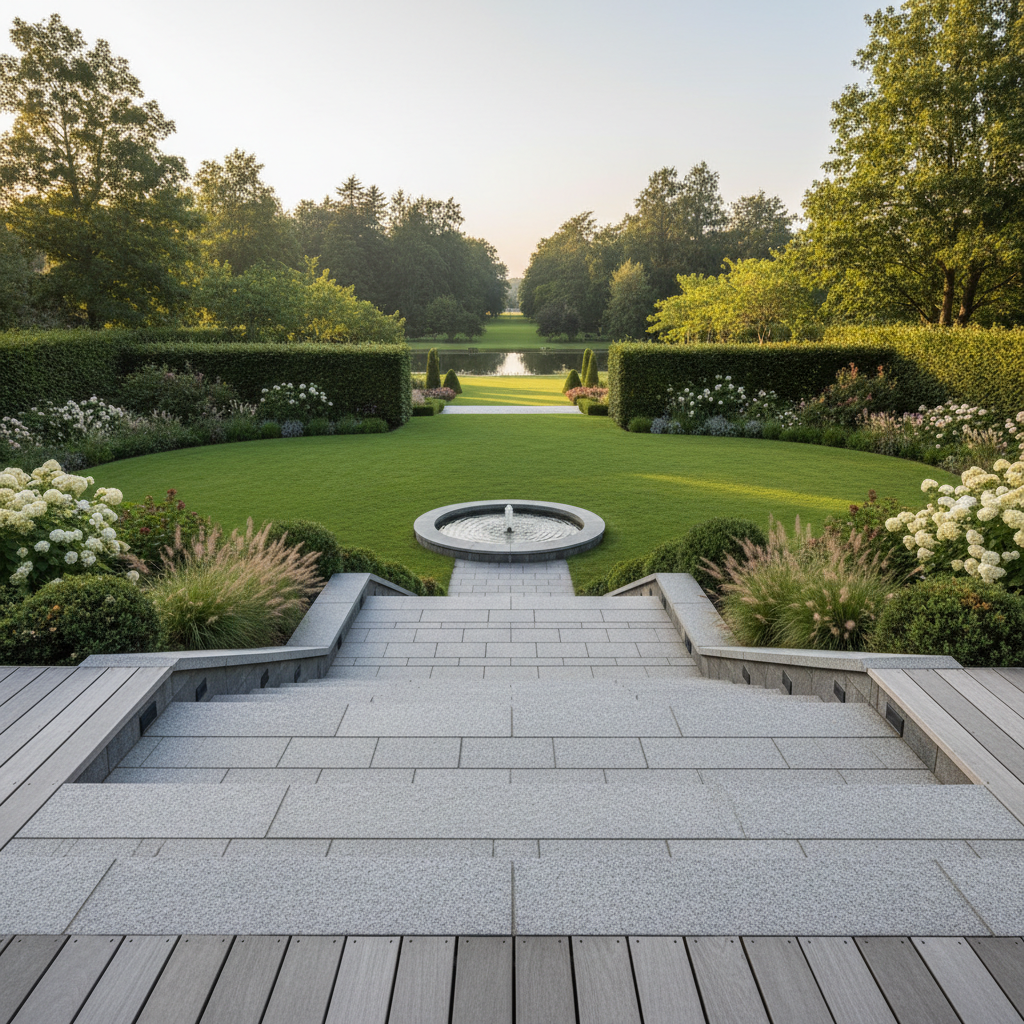 Szerokie, eleganckie schody z szarej, szlachetnej kostki brukowej prowadzące z nowoczesnego tarasu do pięknie utrzymanego ogrodu. Słońce delikatnie oświetla scenę, podkreślając teksturę kostki i zieleń trawy.