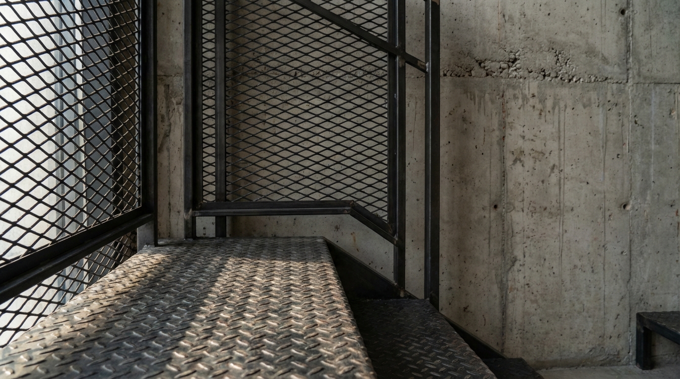 Zbliżenie na fragment schodów w stylu industrialnym. Stopień wykonany z ciemnej, grafitowej blachy ryflowanej o wyraźnej fakturze.