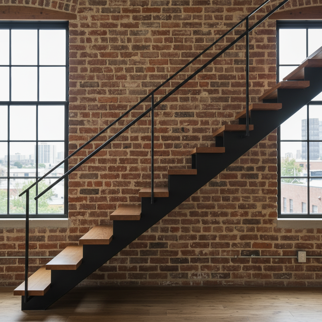 Nowoczesne schody wykonane z czarnej, matowej stali, z drewnianymi stopniami. W tle surowa, ceglana ściana i duże okna, charakterystyczne dla stylu loftowego.