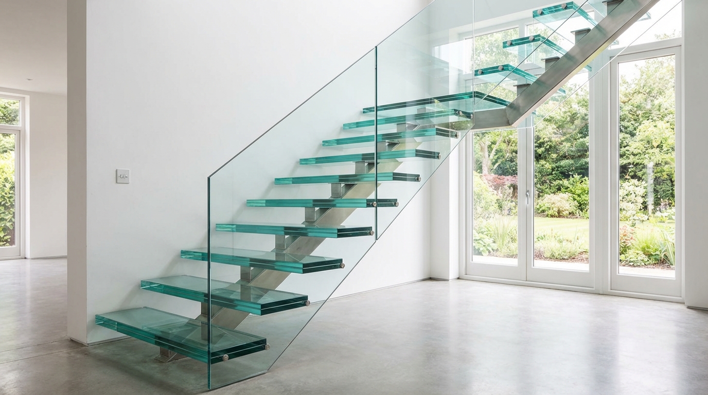 Eleganckie, lewitujące schody w ultranowoczesnym, minimalistycznym domu. Stopnie wykonane są z grubego, przezroczystego szkła.