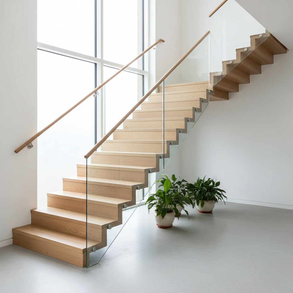 Szerokie, nowoczesne schody drewniane w jasnym, minimalistycznym wnętrzu, z balustradą ze szkła i stali. Światło dzienne wpada przez duże okno, podkreślając naturalną fakturę drewna.