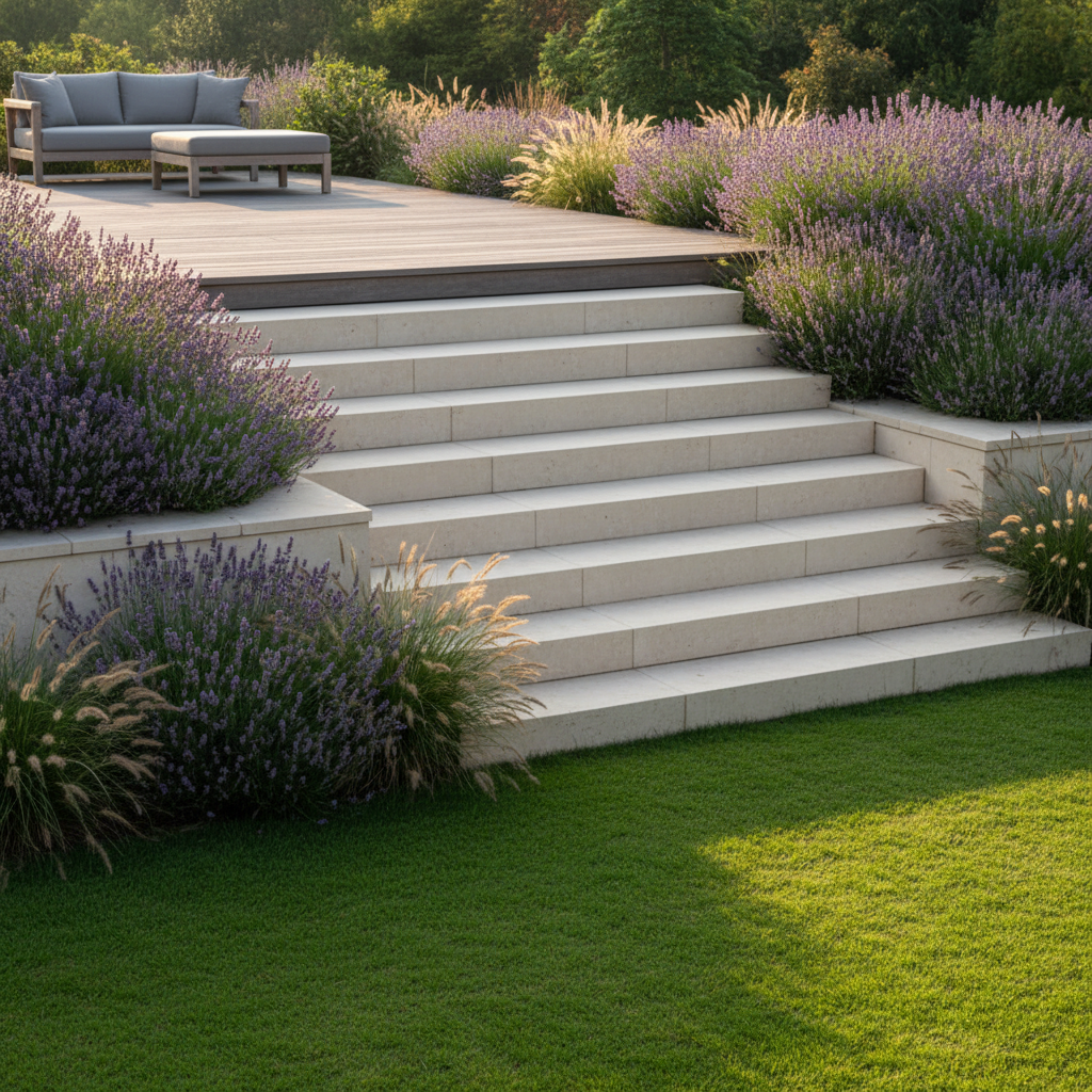 Luksusowe, szerokie schody z jasnego kamienia w nowoczesnym ogrodzie, prowadzące z drewnianego tarasu w dół na idealnie przystrzyżony trawnik. Schody są otoczone bujną roślinnością, w tym lawendą i ozdobnymi trawami, które łagodnie wkomponowują się w ich strukturę. Ciepłe, popołudniowe słońce rzuca długie cienie, tworząc idylliczną atmosferę. Scena jest sfotografowana w realistycznym, inspirującym stylu.