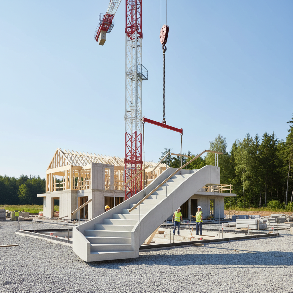 Czysty plac budowy, na którym dźwig delikatnie osadza gotowy, betonowy bieg schodów prefabrykowanych. W tle widać fragment nowo budowanego domu. Scena podkreśla szybkość, czystość i precyzję nowoczesnej metody budowy.