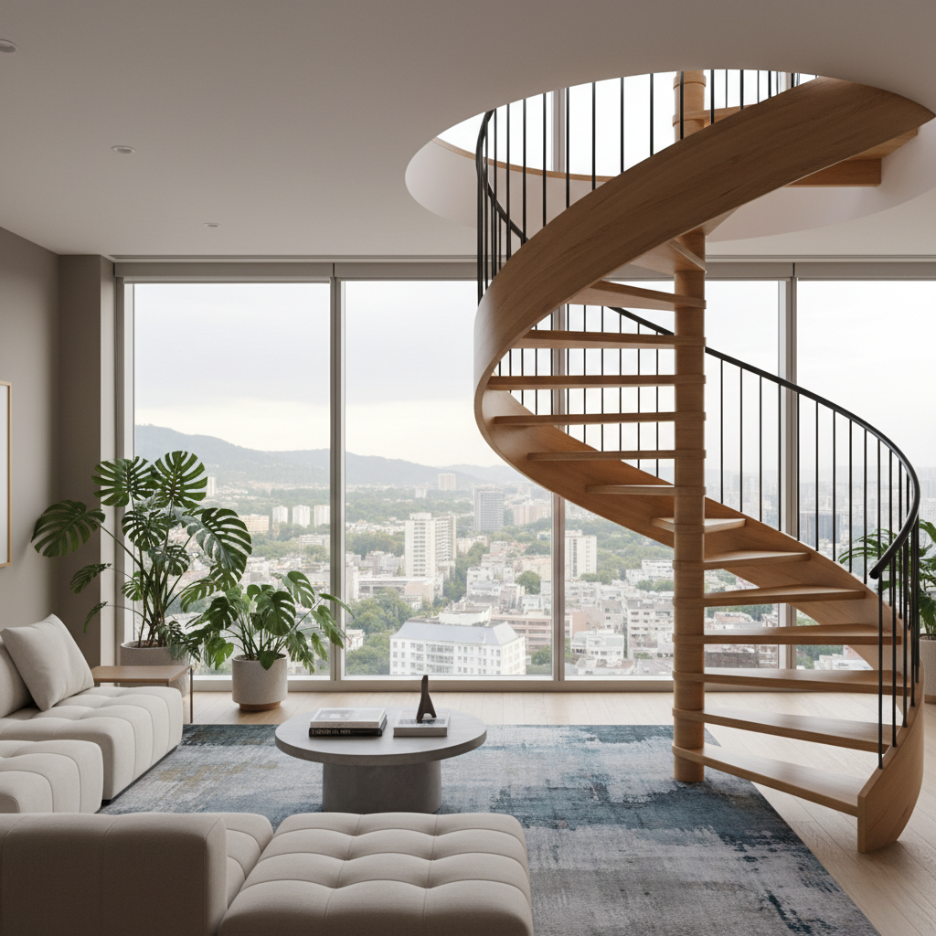 Eleganckie, kręcone schody z jasnego drewna z metalową, minimalistyczną poręczą, umieszczone w rogu nowoczesnego salonu z widokiem na duże okno.