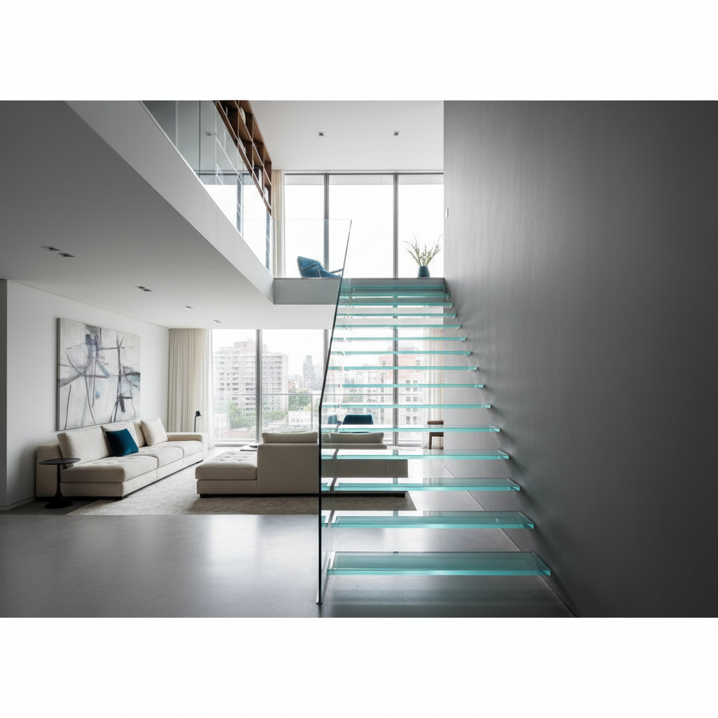 Eleganckie, nowoczesne wnętrze dwupoziomowego apartamentu. Przez środek biegną schody wspornikowe ze stopniami z grubego, matowego szkła. Są one zamocowane w gładkiej, grafitowej ścianie. Szklana balustrada jest prawie niewidoczna, co potęguje wrażenie, że stopnie unoszą się w przestrzeni. Wnętrze jest dobrze oświetlone, a schody stanowią jego centralny, rzeźbiarski element.