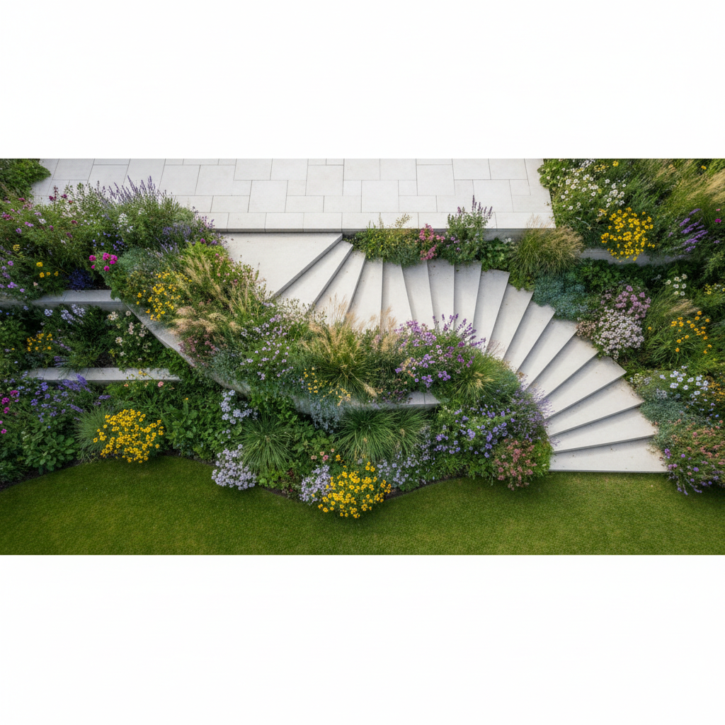 Szerokie, łagodnie zakręcające schody wykonane z jasnych, betonowych płyt, wkomponowane w wielopoziomowy, kwitnący ogród. Po obu stronach stopni znajdują się bujne rabaty z kolorowymi bylinami i ozdobnymi trawami, które częściowo 