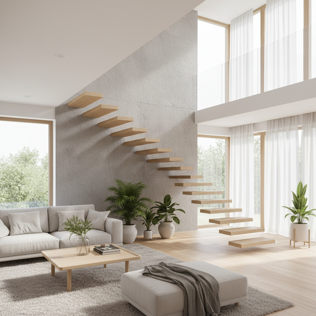 Fotorealistyczne zdjęcie przestronnego, nowoczesnego salonu z dużymi oknami i naturalnym światłem. W centrum kompozycji znajdują się minimalistyczne schody wspornikowe z jasnego drewna, które zdają się unosić w powietrzu, prowadząc na antresolę. Ściana, w której zamocowane są stopnie, ma fakturę surowego betonu, co tworzy elegancki kontrast. Wnętrze jest urządzone w stylu skandynawskim, z jasnymi meblami i zielonymi roślinami, co podkreśla lekkość i przestronność konstrukcji schodów.