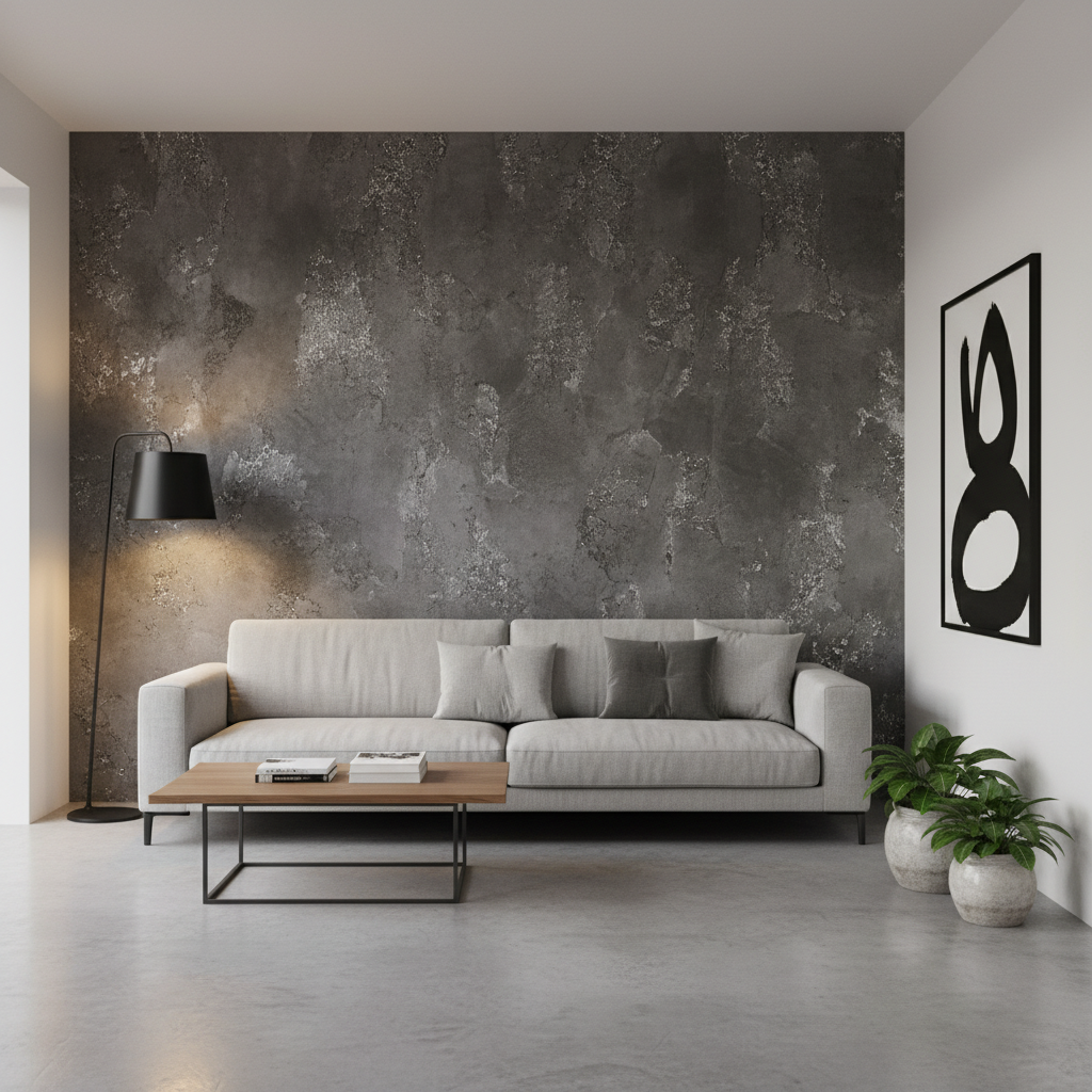 Szerokie ujęcie eleganckiego, nowoczesnego salonu, w którym główną rolę gra ściana akcentowa za sofą, pomalowana techniką gąbkowania w odcieniach szarości i grafitu z subtelnymi, srebrnymi refleksami. Światło z lampy podłogowej delikatnie podkreśla trójwymiarową fakturę ściany. Wnętrze jest minimalistyczne, co pozwala ścianie w pełni zabłysnąć.