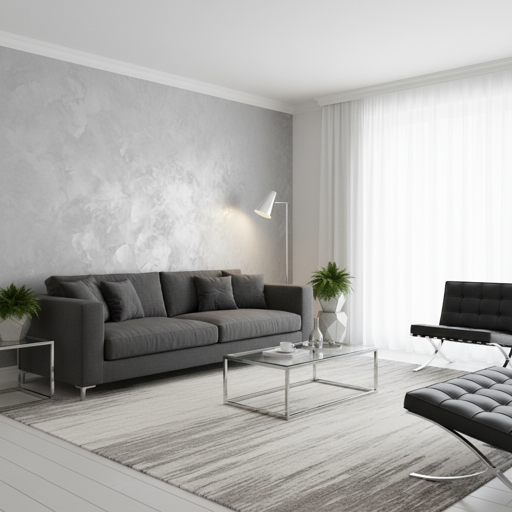 Elegancki, minimalistyczny salon z dużą, szarą kanapą. Za kanapą znajduje się ściana akcentowa pomalowana farbą dekoracyjną z subtelnym, srebrzystym efektem przypominającym beton. Na ścianę pada delikatne, rozproszone światło z nowoczesnej lampy podłogowej, które podkreśla jej unikalną fakturę. Wnętrze jest jasne, przestronne i utrzymane w stylu nowoczesnego glamour.