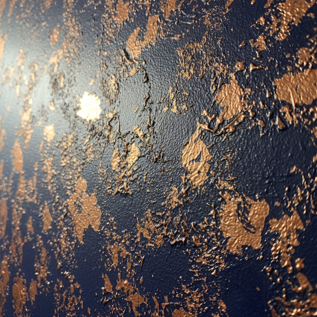 Zbliżenie na fragment ściany pomalowanej techniką gąbkowania z wykorzystaniem kontrastowych kolorów, na przykład głębokiego granatu jako bazy i miedzianych lub złotych akcentów. Zdjęcie wykonane pod kątem, aby podkreślić teksturę i trójwymiarowy efekt. Światło pada z boku, wydobywając metaliczny połysk i głębię wzoru.