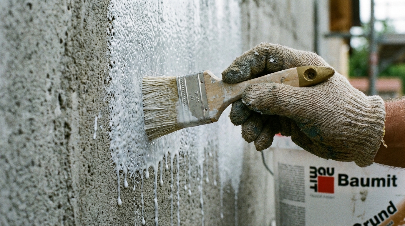 Zbliżenie na dłoń w rękawicy roboczej, trzymającą pędzel malarski, którym nakładany jest mlecznobiały, płynny środek gruntujący Baumit Grund na szarą, porowatą powierzchnię betonowej ściany. Widoczne są drobne krople preparatu wnikające w strukturę materiału.