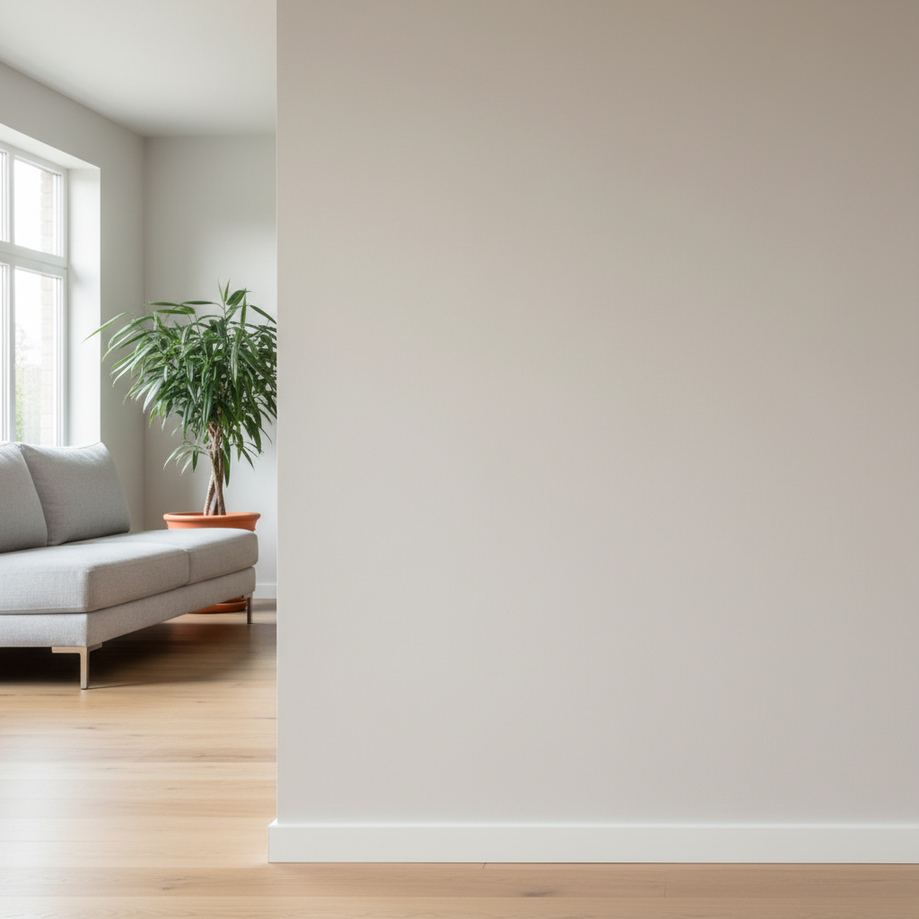 szeroki kadr przedstawiający minimalistycznie urządzone, jasne wnętrze. Na pierwszym planie widać idealnie gładką, świeżo pomalowaną ścianę w neutralnym, matowym kolorze (np. złamana biel, jasny beż). Światło z okna delikatnie oświetla powierzchnię, podkreślając jej perfekcyjną fakturę bez żadnych smug czy przebarwień. W tle widać fragment nowoczesnej sofy i roślinę doniczkową, co tworzy wrażenie estetycznego, gotowego do zamieszkania domu.