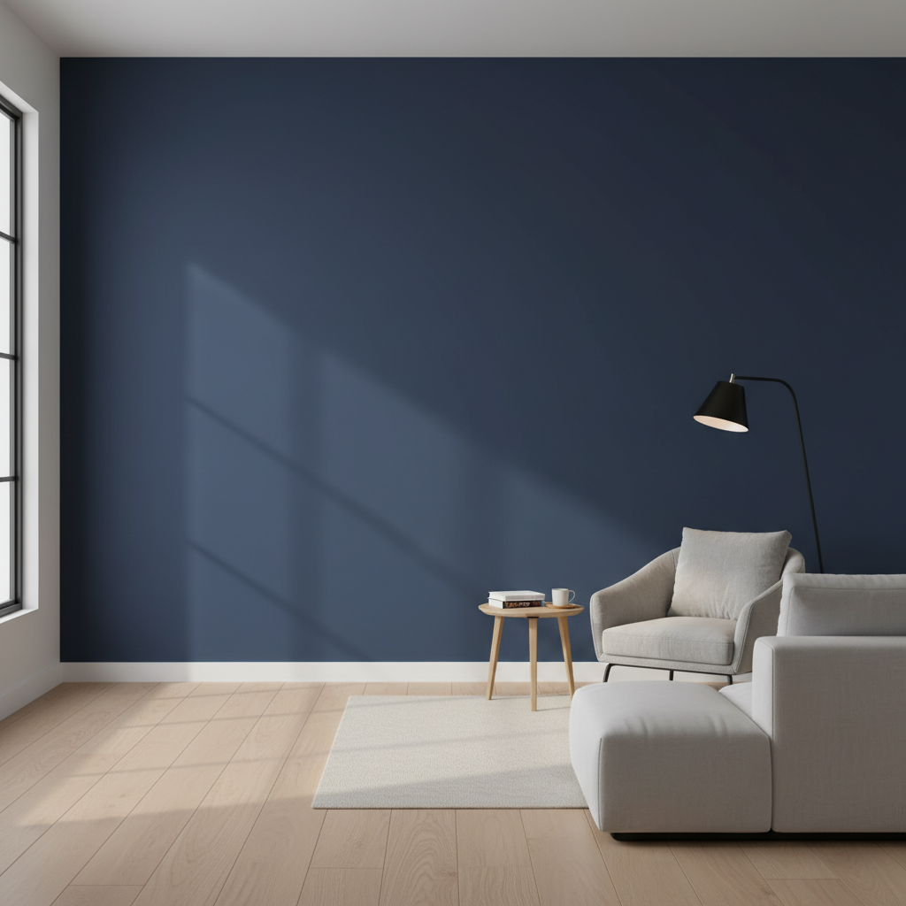 Jasne, minimalistyczne wnętrze salonu, w którym jedna ze ścian jest idealnie gładka, pomalowana na głęboki, matowy odcień granatu. Na ścianę pada delikatne, boczne światło z dużego okna, podkreślając jej nieskazitelną powierzchnię bez żadnych nierówności. W rogu stoi nowoczesna lampa podłogowa i wygodny fotel, tworząc przytulny kącik do czytania.