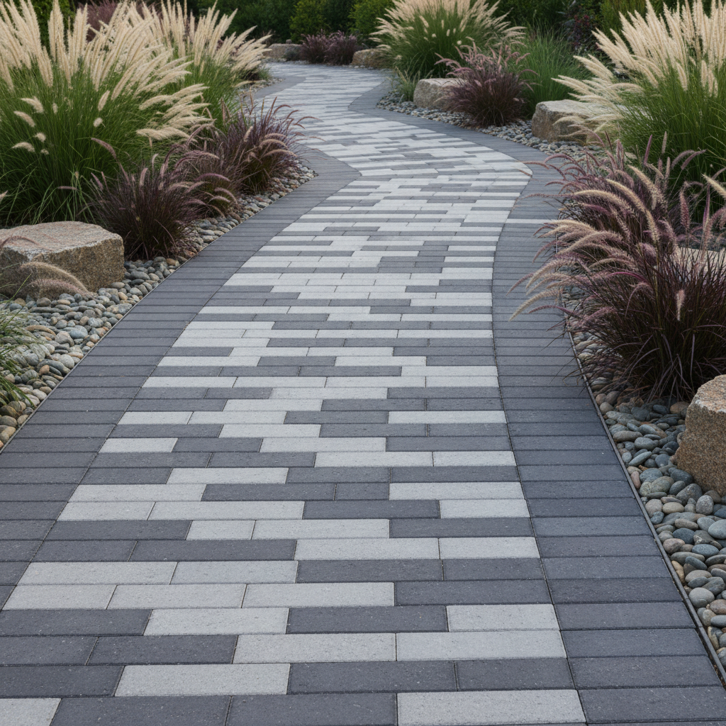 Nowoczesna ścieżka ogrodowa wykonana z kostki Imola w odcieniach szarości, prowadząca przez minimalistyczny, zadbany ogród z trawami ozdobnymi i kamieniami. Czyste linie i harmonijny układ kostek kontrastują z naturalną zielenią. Ujęcie z niskiej perspektywy podkreśla elegancję i prostotę kompozycji.