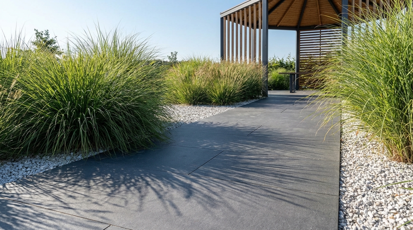 Szeroka ścieżka ogrodowa wykonana z płyt gresowych Officine w kolorze Gothic (grafit), prowadząca przez minimalistyczny ogród z bujnymi kępami traw ozdobnych i białym grysem. Ścieżka tworzy wyraźny, geometryczny kontrast z organicznymi formami roślin. W oddali widać fragment nowoczesnej altany. Zdjęcie wykonane w słoneczny dzień, podkreślające grę światła i cienia na ciemnej nawierzchni.