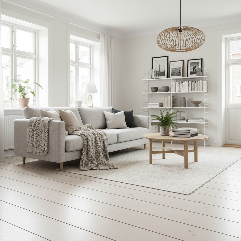 Jasny, przytulny salon w stylu skandynawskim. Na podłodze leżą szerokie deski z bielonego dębu. Wnętrze wypełnione jest naturalnym światłem, a proste, funkcjonalne meble i tekstylia w odcieniach szarości i beżu tworzą harmonijną, spokojną atmosferę.