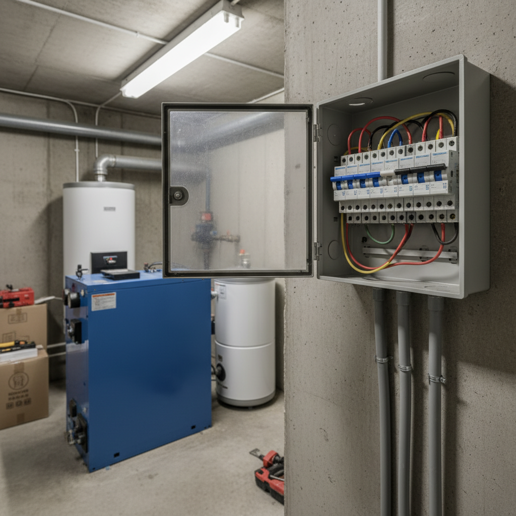 Skrzynka z bezpiecznikami w domowej kotłowni