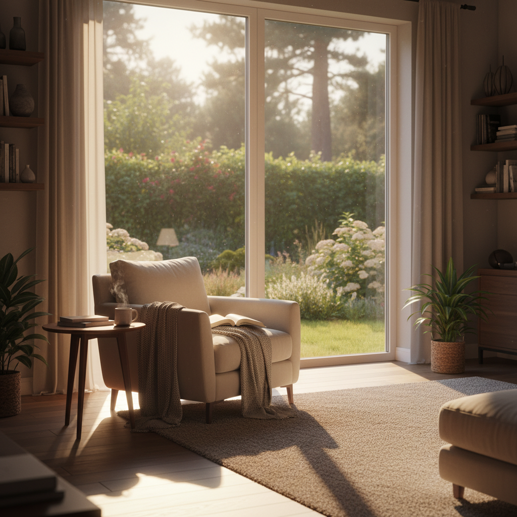 Wnętrze salonu skąpane w ciepłym, popołudniowym słońcu. Promienie wpadają przez duże, panoramiczne okna, rzucając długie cienie na drewnianą podłogę. Wygodny fotel stoi przy oknie, zapraszając do chwili relaksu z książką. Za oknem widać bujną zieleń ogrodu.