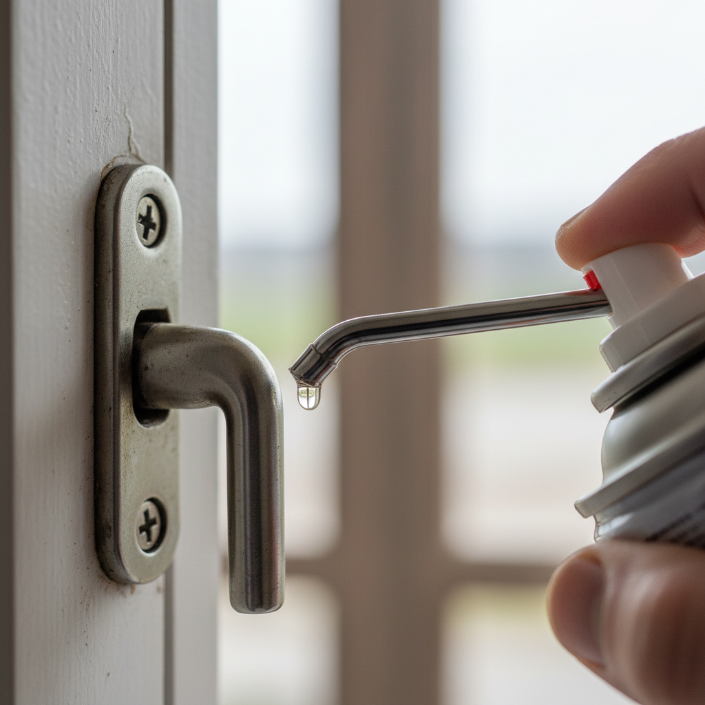 Makro ujęcie na metalowe okucie okienne. Widać dłoń precyzyjnie aplikującą kroplę oleju ze smarowniczki w sprayu w ruchomy mechanizm zawiasu okna.