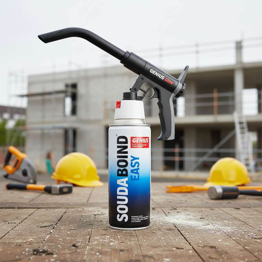 Soudabond Easy Genius Gun - Profesjonalne zdjęcie produktowe puszki kleju Soudabond Easy z zamontowanym aplikatorem Genius Gun. Puszka stoi na drewnianym stole warsztatowym, w tle widać niewyraźne elementy placu budowy, co sugeruje profesjonalne zastosowanie. Oświetlenie jest jasne i czyste.