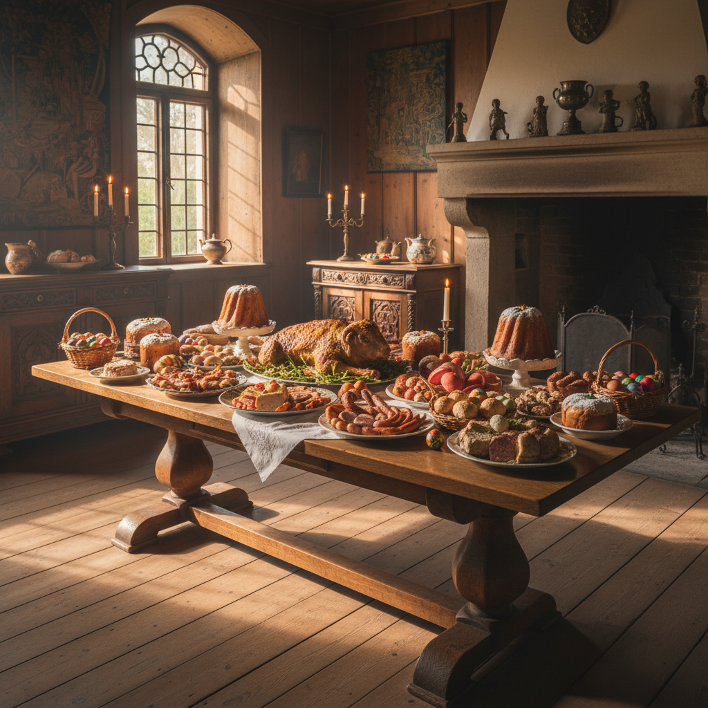 Scena z wnętrza starego, drewnianego dworku szlacheckiego. Na masywnym, dębowym stole rozłożone są tradycyjne potrawy wielkanocne: cały pieczony baranek, baby drożdżowe, wędliny i stosy jajek. Delikatne, naturalne światło wpada przez okno, tworząc ciepłą, historyczną atmosferę.