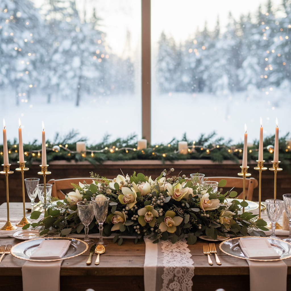 Luksusowo nakryty stół weselny w zimowej scenerii. Centralnym punktem jest niska, podłużna kompozycja kwiatowa z kremowych i zielonych storczyków Cymbidium, przeplatanych gałązkami eukaliptusa i srebrzystej brunii. Na stole stoją wysokie, smukłe świece w złotych świecznikach, a całość oświetlona jest ciepłym światłem, tworząc romantyczną i elegancką atmosferę. Tło jest lekko rozmyte, skupiając uwagę na detalach dekoracji.