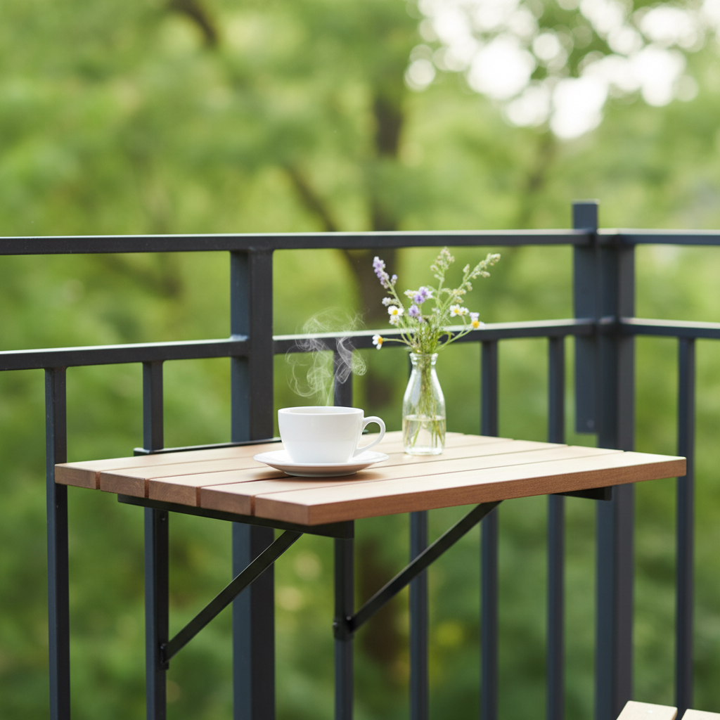 Zbliżenie na nowoczesny, drewniany stolik montowany do czarnej, metalowej balustrady balkonu. Na stoliku stoi biała filiżanka z parującą kawą i mały wazonik z polnymi kwiatami. W tle, w delikatnym rozmyciu, widać zieleń drzew. Scena jest jasna, minimalistyczna i bardzo relaksująca.